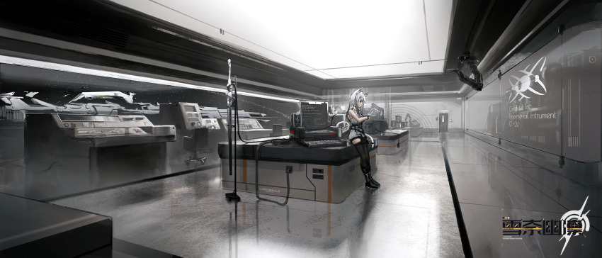 1girl animal_ears bare_shoulders cable chair commentary_request computer computer_keyboard highres indoors laboratory leaning_back lemtun long_hair monitor original overhead_lights scenery science_fiction shirt sky sleeveless sleeveless_shirt star_(sky) starry_sky terminal thighhighs white_hair wide_shot window wire