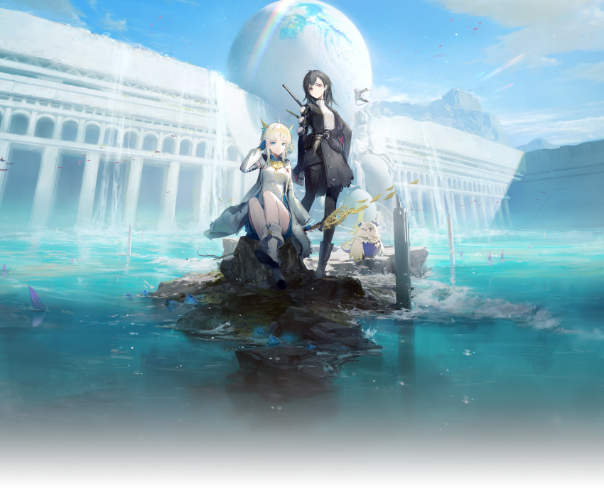 2girls adjusting_hair animal animal_ears artist_request bird black_footwear black_gloves black_hair black_pantyhose black_skirt blonde_hair blouse blue_eyes blue_gloves blue_sky book boots character_request check_artist cloud dorsal_fin elbow_gloves ex_astris fingerless_gloves full_body gloves highres holding holding_book holding_staff huanxiang_heitu jacket long_sleeves looking_at_viewer medium_hair multiple_girls official_art open_clothes open_jacket pantyhose planet rainbow red_eyes rock ruins scenery shirt shoe_soles sitting skirt sky smile staff water waves weapon weapon_on_back white_footwear white_jacket white_shirt