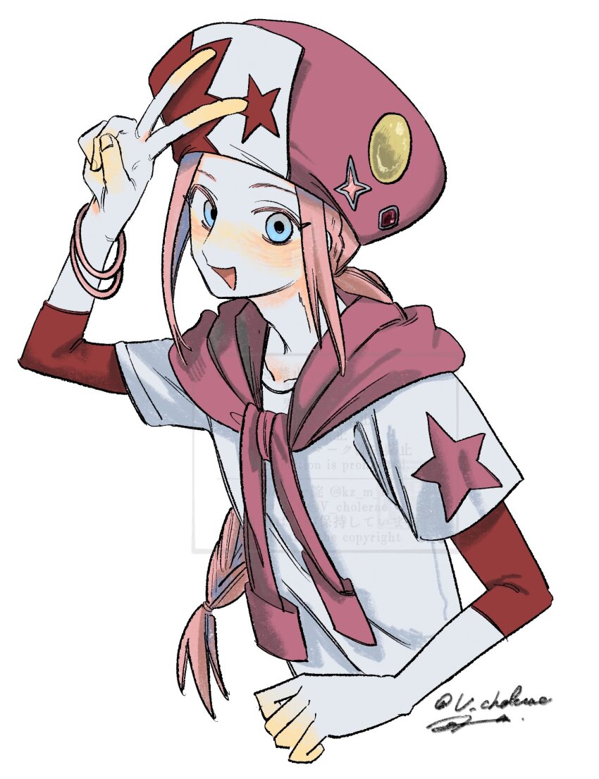 1boy blue_eyes blush bracelet braid classicaloid commentary cropped_torso eyelashes hashtag-only_commentary hat highres jacket_around_neck jewelry kz_m_i long_hair looking_at_viewer male_focus open_mouth pale_skin pink_hair pink_hat shirt signature simple_background solo v white_background white_shirt wolfgang_amadeus_mozart_(classicaloid)