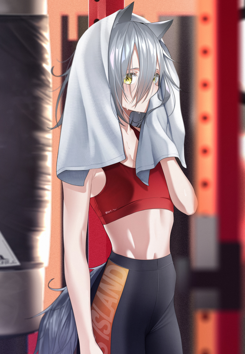 1girl absurdres animal_ears arknights bare_arms black_pants blurry blurry_background breasts cleavage commentary_request crop_top depth_of_field hair_between_eyes hand_up highres indoors looking_at_viewer navel pants projekt_red_(arknights) red_tank_top silver_hair small_breasts solo standing sweat tail tank_top the_cold towel towel_on_head yellow_eyes