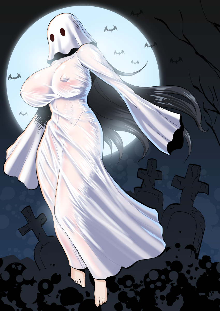 1girl absurdres barefoot bat_(animal) black_hair breasts covered_erect_nipples female_focus floating ghost ghost_girl graveyard halloween halloween_costume highres large_breasts long_hair moon naked_costume night night_sky original ranka16 see-through_clothes sheet_ghost sky tombstone