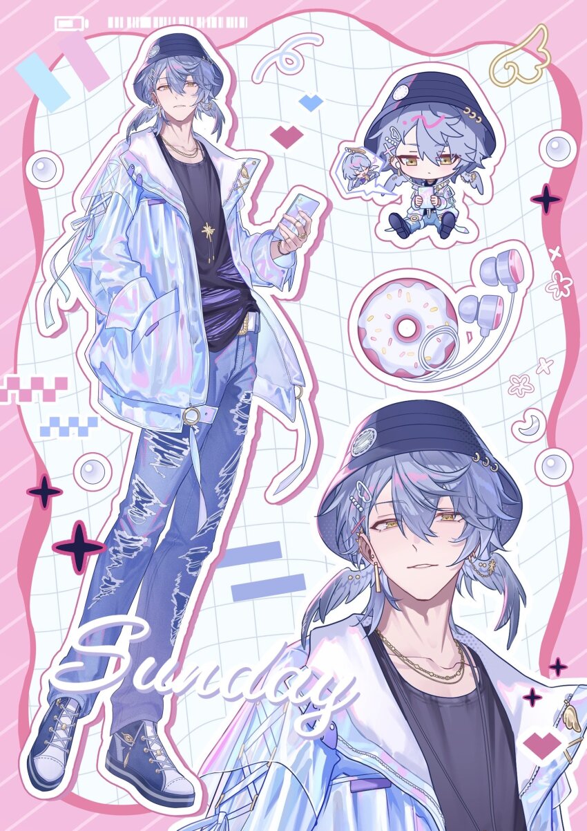 1boy absurdres alternate_costume black_hat black_shirt border bucket_hat cellphone chibi chibi_inset commentary denim donut earphones earrings food full_body grey_hair grey_shoes grid_background hand_in_pocket hat head_wings heart highres hitohachan holding holding_phone honkai:_star_rail honkai_(series) iridescent jacket jeans jewelry looking_at_viewer male_focus multiple_views necklace pants parted_lips phone pink_background robin_(honkai:_star_rail) shirt shoes short_hair simple_background sparkle sunday_(honkai:_star_rail) torn_clothes torn_jeans torn_pants upper_body white_background wings yellow_eyes