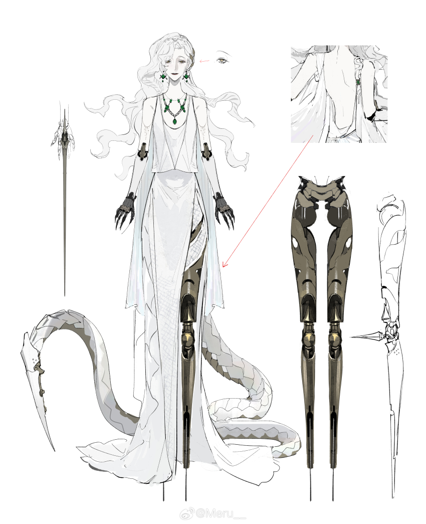 1girl a-pose absurdres backless_dress backless_outfit bare_arms bare_back bare_shoulders breasts character_request check_character chinese_commentary cocktail_dress commentary cyborg dress earrings full_body girls&#039;_frontline highres jewelry joints long_dress long_hair mechanical_arms mechanical_legs mechanical_tail median_furrow meru02295238 mole mole_under_eye multiple_views necklace nyto_(girls&#039;_frontline) robot_joints shoulder_blades simple_background sleeveless sleeveless_dress small_breasts tail watermark wavy_hair weibo_username weibo_watermark white_background white_dress white_hair wrist_blades yellow_eyes