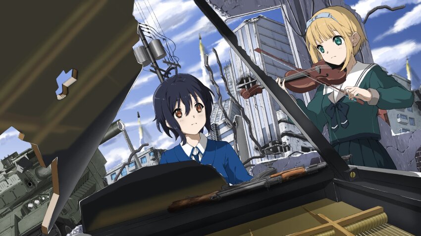 22/7 2girls ahoge akm assault_rifle black_bow black_bowtie black_hair blonde_hair blue_bow blue_hairband blue_jacket boku_ga_motteru_mono_nara bow bow_hairband bowtie brown_eyes closed_mouth cloud collared_shirt dutch_angle grand_piano green_eyes green_shirt green_skirt gun hair_bow hairband highres holding holding_instrument holding_violin instrument jacket kalashnikov_rifle long_sleeves morinomiya_ruri multiple_girls music outdoors piano playing_instrument playing_piano pleated_skirt power_lines rifle rokubanchou_school_uniform ruins sailor_collar saito_nicole school_uniform serafuku shirt short_hair skirt sky takigawa_miu utility_pole violin wavy_hair weapon white_sailor_collar white_shirt winter_uniform