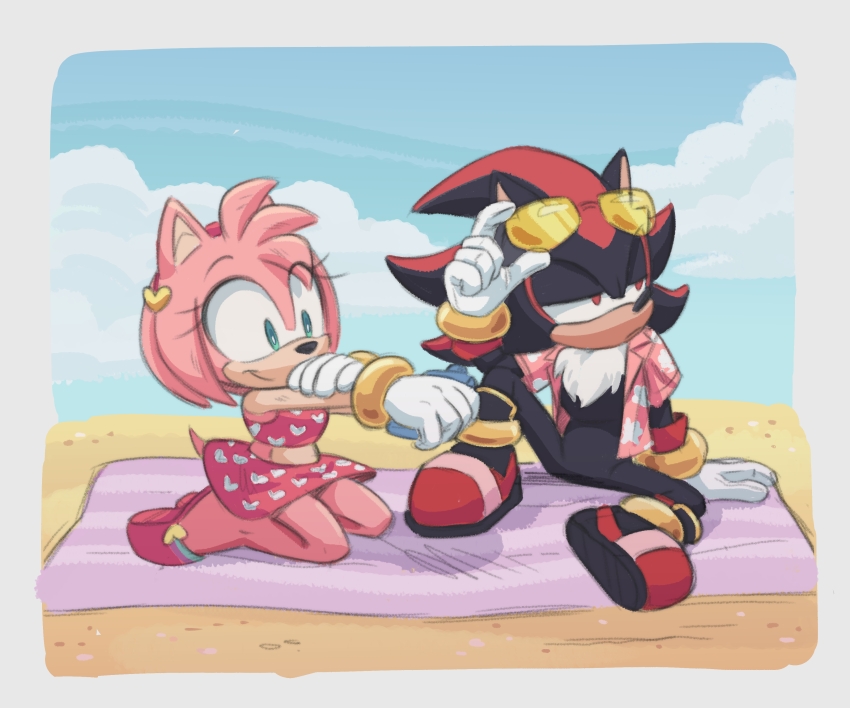 absurdres amy_rose beach bikini bikini_skirt black_fur black_hair bra bracelet child eyelashes fur gloves green_eyes hairband half-closed_eyes happy hawaiian_shirt heart_ornament highres jewelry kneeling knees legs lotion lyovpple_(artist) medium_hair multicolored_hair ocean pink_fur pink_hair red_eyes red_fur red_hair sand sandals sega serious shadow_the_hedgehog shirt sitting skirt sky smile sonic_(series) sunglasses sunscreen swimsuit tail towel two-tone_fur two-tone_hair underwear