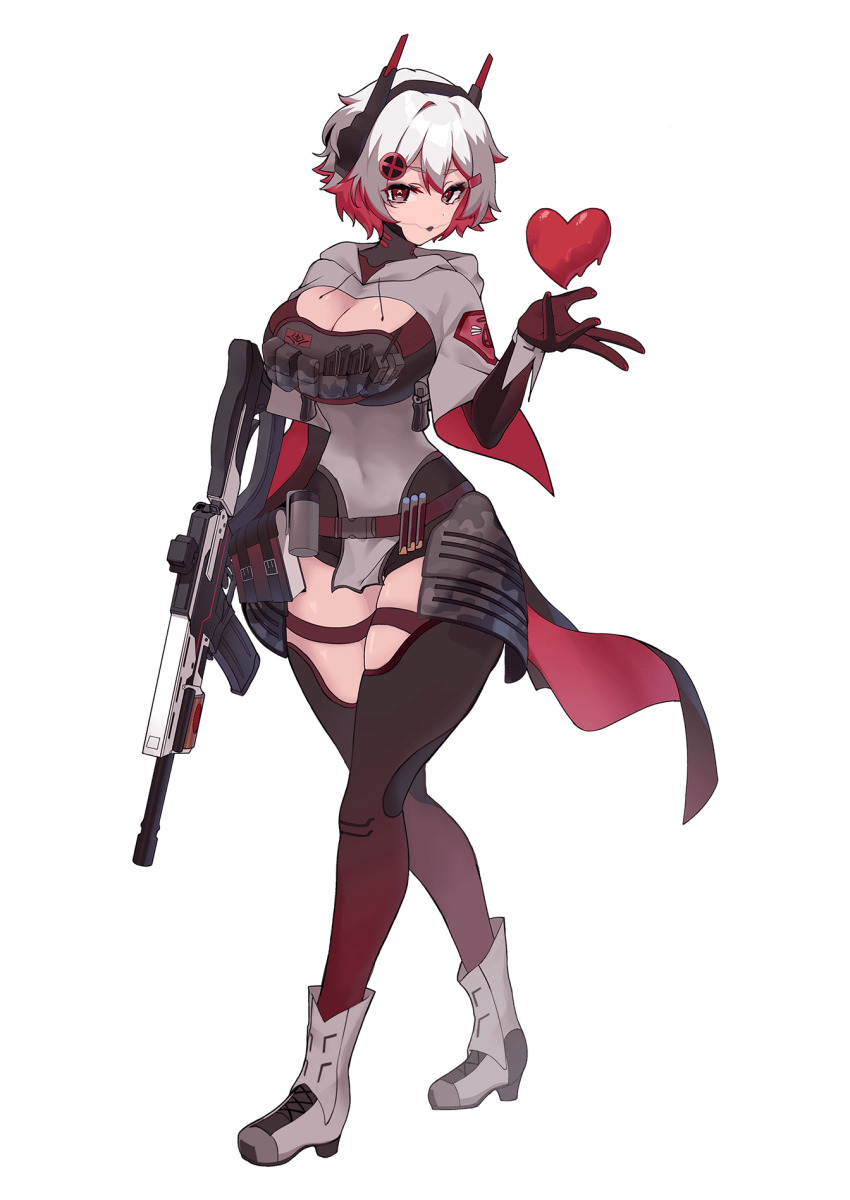1girl artist_request belt black_thighhighs book boots breasts cleavage covered_navel cropped_hoodie gradient_thighhighs grey_hoodie gun hair_ornament headgear heart highres holding holding_gun holding_weapon hood hood_down hoodie multicolored_hair official_art red_belt red_eyes red_hair red_thighhighs rifle shoes short_hair sinthya_sanguine solo streaked_hair tactical_clothes thigh_strap thighhighs vallure weapon white_hair white_shoes