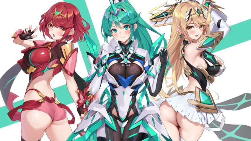 3girls aegis_sword_(xenoblade) ass bare_legs bare_shoulders blonde_hair bob_cut breasts brown_gloves chest_jewel commentary core_crystal_(xenoblade) cowboy_shot dress earrings elbow_gloves fingerless_gloves from_behind gloves green_eyes green_hair hand_up headpiece high_ponytail holding holding_sword holding_weapon jewelry large_breasts long_hair looking_at_viewer looking_back matrix16 micro_shorts microdress multiple_girls mythra_(xenoblade) no_panties parted_lips pneuma_(xenoblade) ponytail pyra_(xenoblade) red_eyes red_hair red_shorts red_thighhighs short_hair shorts simple_background swept_bangs sword thighhighs tiara twisted_torso very_long_hair weapon white_background xenoblade_chronicles_(series) xenoblade_chronicles_2 yellow_eyes