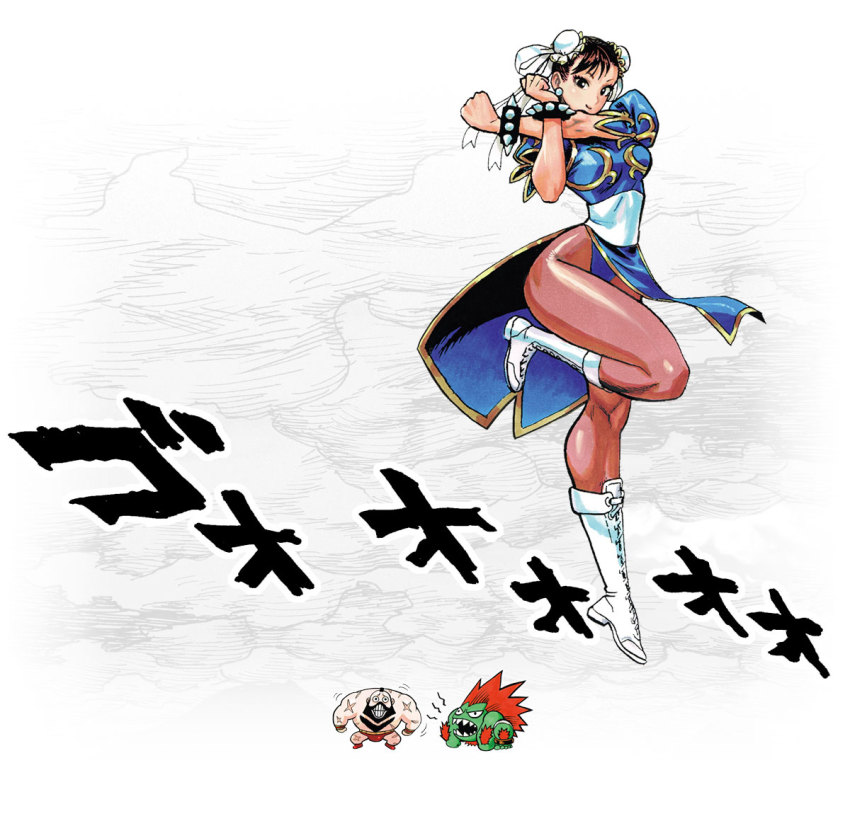 1girl blanka blue_dress boots bracelet breasts brown_pantyhose bun_cover capcom chibi chibi_inset china_dress chinese_clothes chun-li double_bun dress female_focus full_body hair_bun jewelry knee_boots lace-up_boots large_breasts long_legs murata_yuusuke official_art pantyhose pelvic_curtain puffy_short_sleeves puffy_sleeves sash short_sleeves side_slit smile solo solo_focus spiked_bracelet spikes standing standing_on_one_leg street_fighter street_fighter_the_novel stretching white_boots zangief