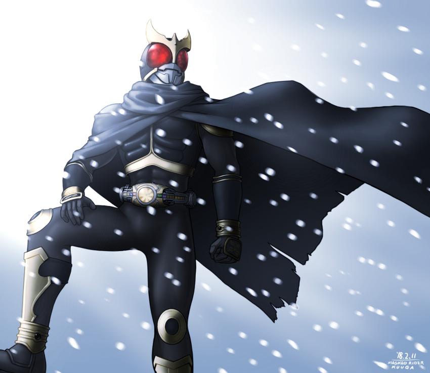 1boy arcle_(kuuga) armor beetle black_cloak bug clenched_hand cloak derivative_work gold_armor hand_on_own_knee highres horns insect kamen_rider kamen_rider_kuuga kamen_rider_kuuga_(series) kuuga_(amazing_mighty) leg_armor photo-referenced red_eyes rider_belt snow snowflakes stag_beetle taikyoku_tsurugi tokusatsu winter