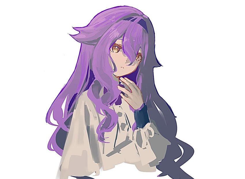 1girl bow bowtie commentary_request cropped_torso hairband hand_up head_tilt highres honkai_(series) honkai_impact_3rd long_sleeves medamayaki27760 purple_bow purple_bowtie purple_hair purple_hairband shirt sirin sirin_(magic_academy_uniform) sirin_(miracle_magical_girl) solo white_shirt yellow_eyes