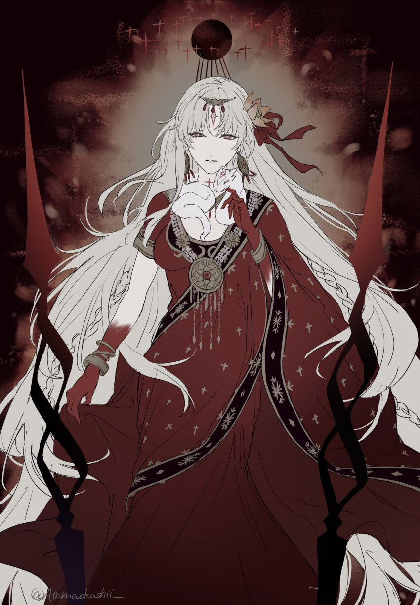 1girl body_markings bracelet breasts circlet colored_skin cropped_legs dress durga_(fate) durga_(second_ascension)_(fate) earrings facial_mark fate/grand_order fate_(series) flower forehead_mark gradient_skin hair_flower hair_ornament hair_ribbon highres indian_clothes jewelry large_breasts long_hair looking_at_viewer necklace red_dress red_eyes red_skin ribbon ruki_atamaokasii sari sash smile snake solo very_long_hair white_hair white_snake