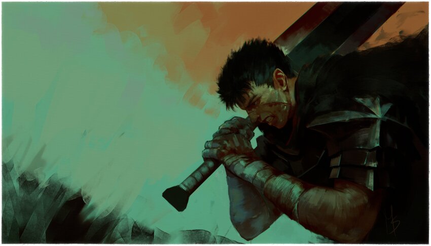 1boy absurdres aqua_background armor bandaged_arm bandages berserk berserker_armor black_armor black_cape black_hair blood border breastplate cape commentary dragonslayer_(sword) facing_ahead faux_traditional_media from_side guts_(berserk) hands_up highres holding holding_sword holding_weapon huge_weapon multiple_scars profile red_background scar scar_on_face scar_on_nose short_hair shoulder_armor signature solo sword two-tone_background upper_body weapon white_border whitehogiii