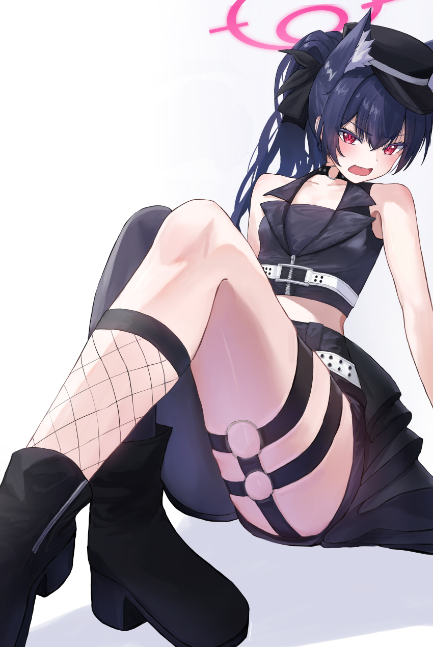 1girl absurdres animal_ears belt belt_around_waist blue_archive cat_ears choker collarbone commentary_request fishnets fujiwara_haru_(nekonote) halo hat highres idol idol_clothes o-ring o-ring_choker official_alternate_costume official_alternate_hairstyle peaked_cap pink_halo serika_(blue_archive) serika_(idol)_(blue_archive) solo thighs white_belt