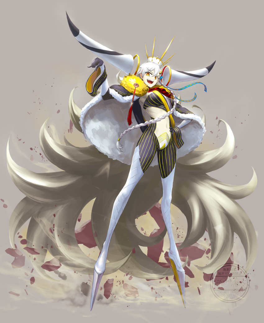 152_in_can 1girl absurdres black_gloves braid breasts cape cloak e-grand_marie fate/grand_order fate_(series) fur-trimmed_cloak fur_trim gloves hair_between_eyes highres horns huge_horns long_braid long_hair looking_at_viewer olga_marie_animusphere open_mouth orange_eyes side_braid smile solo striped_bodysuit thighs u-olga_marie white_hair