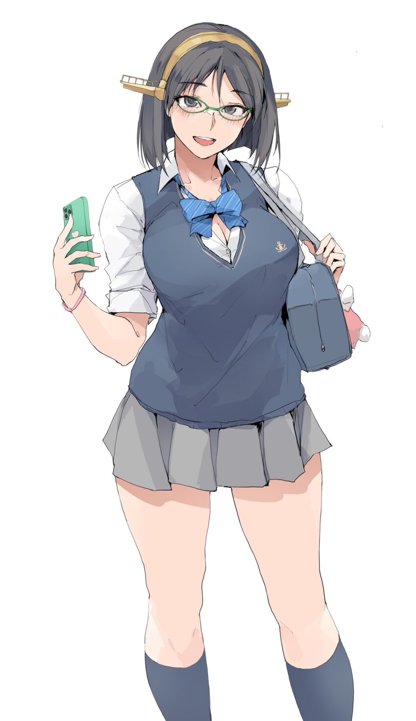 1girl :d anchor_print bag black_hair blue_bow blue_bowtie blue_cardigan bow bowtie breasts cardigan cleavage collared_shirt commentary_request contemporary glasses green-framed_eyewear grey_skirt headgear highres holding holding_phone kantai_collection kirishima_(kancolle) kneehighs large_breasts looking_at_viewer loose_bowtie miniskirt open_mouth partially_unbuttoned phone pleated_skirt school_bag school_uniform shirt short_hair simple_background skirt smile socks solo white_shirt zekkyon
