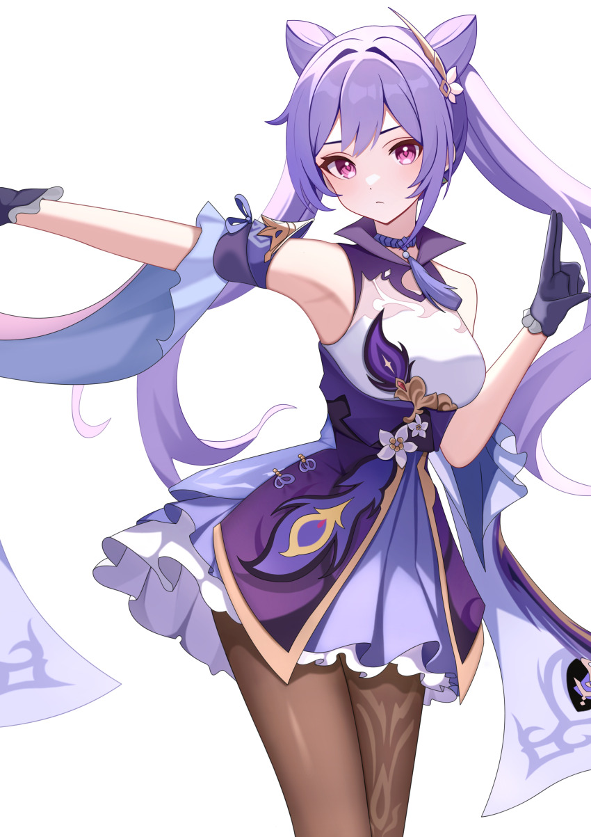 1girl absurdres bare_shoulders black_pantyhose black_thighhighs blush breasts cone_hair_bun detached_sleeves double_bun dress genshin_impact gloves hair_bun hair_ornament highres kenomotsu_yukuwa keqing_(genshin_impact) long_hair looking_at_viewer medium_breasts multiple_girls pantyhose purple_eyes purple_hair solo thighhighs twintails