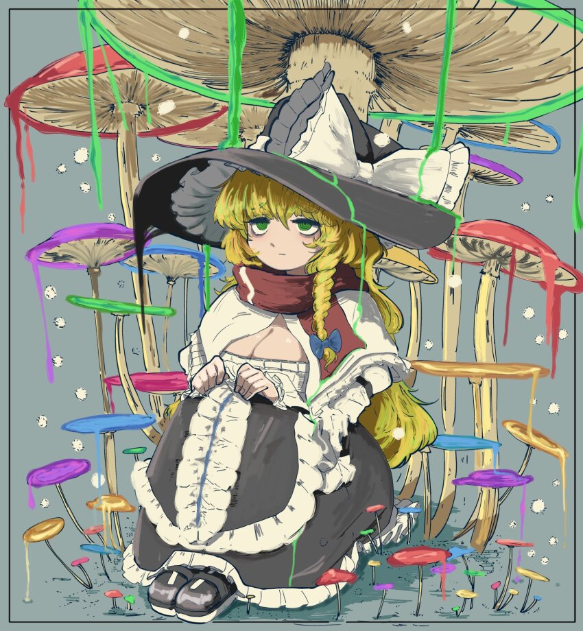 1girl bags_under_eyes black_hat black_shoes black_skirt blonde_hair blue_bow bow braid breasts cleavage closed_mouth cookie_(touhou) dripping expressionless frilled_skirt frills full_body green_eyes grey_background hair_bow hat hat_bow highres kirisame_marisa large_breasts long_hair long_skirt long_sleeves looking_afar mars_(cookie) mushroom odoro_(nicoseiga81184094) red_scarf ringed_eyes scarf shirt shoes side_braid single_braid sitting skirt solo touhou white_bow white_shirt witch_hat