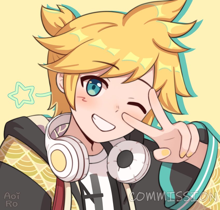 1boy ;d absurdres aoiro_arts artist_name black_jacket blonde_hair blue_eyes blush commentary commission drop_shadow grin headphones headphones_around_neck highres hood hood_down hooded_jacket jacket kagamine_len long_sleeves looking_at_viewer male_focus nail_polish one_eye_closed open_clothes open_jacket open_mouth ponytail portrait project_sekai shirt short_hair short_ponytail simple_background smile solo star_(symbol) symbol-only_commentary v v_over_eye vocaloid watermark white_headphones white_shirt wide_sleeves yellow_background yellow_nails