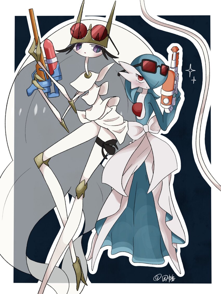 alternate_color artist_name black_background blue_hair blue_skin bob_cut colored_skin dress eyewear_on_head gardevoir gen_3_pokemon gen_7_pokemon hair_over_one_eye highres inb795 multicolored_skin nintendo pheromosa pokemon pokemon_(creature) purple_eyes red_eyes shiny_pokemon super_soaker two-tone_skin ultra_beast white_dress white_skin