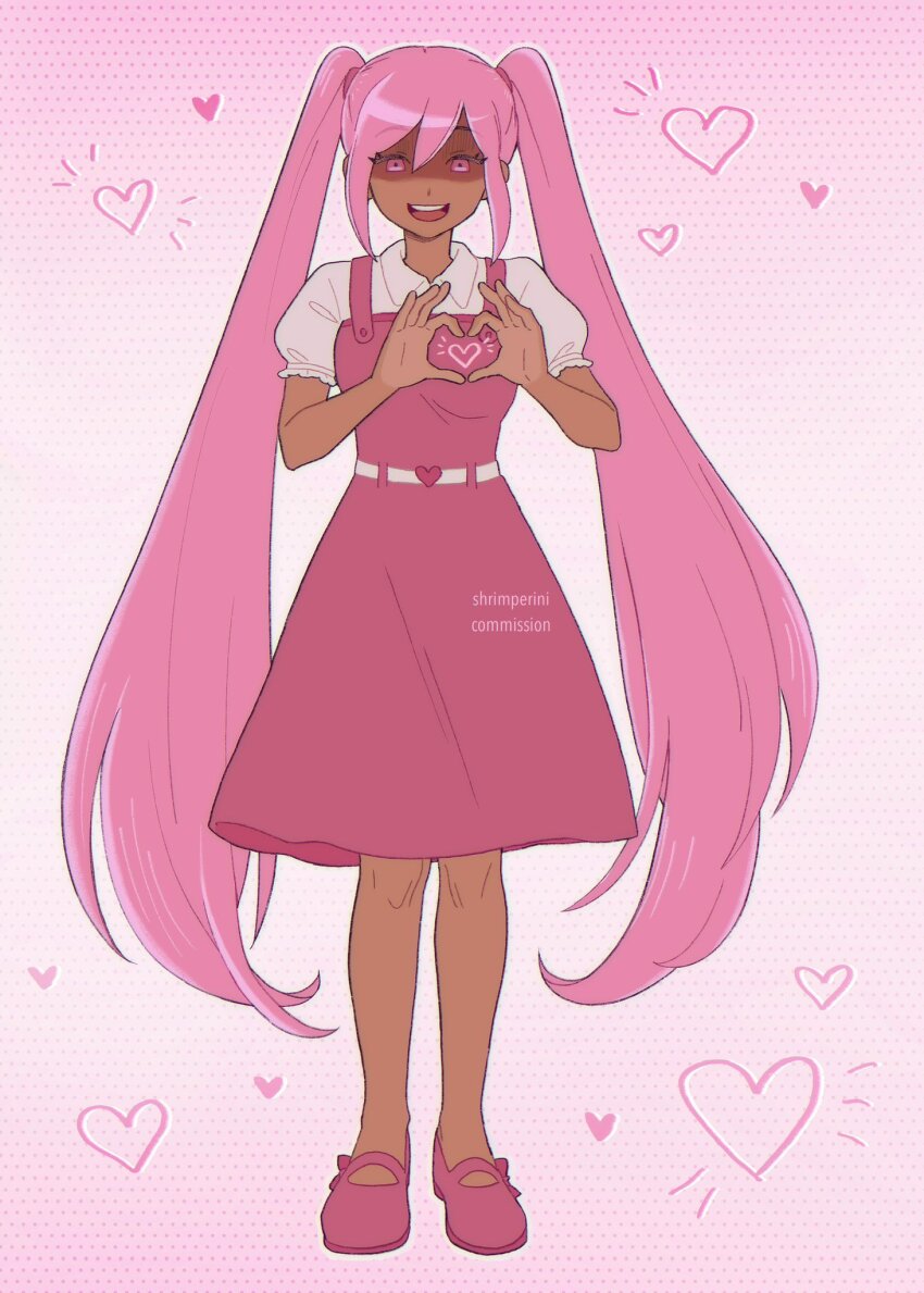 1girl :d artist_name belt breasts chromatic_aberration collared_shirt commentary commission dark-skinned_female dark_skin double-parted_bangs dress english_commentary frilled_sleeves frills full_body gradient_background hair_between_eyes heart heart_belt heart_hands heart_in_heart_hands highres light-skinned_palms long_hair looking_at_viewer mary_janes medium_dress no_sclera omori open_mouth perfectheart_(omori) pinafore_dress pink_background pink_dress pink_shoes polka_dot polka_dot_background puffy_short_sleeves puffy_sleeves raised_eyebrows shaded_face shirt shoes short_sleeves shrimperini sleeveless sleeveless_dress small_breasts smile solo standing straight-on teeth tongue twintails upper_teeth_only very_long_hair watermark white_belt white_shirt