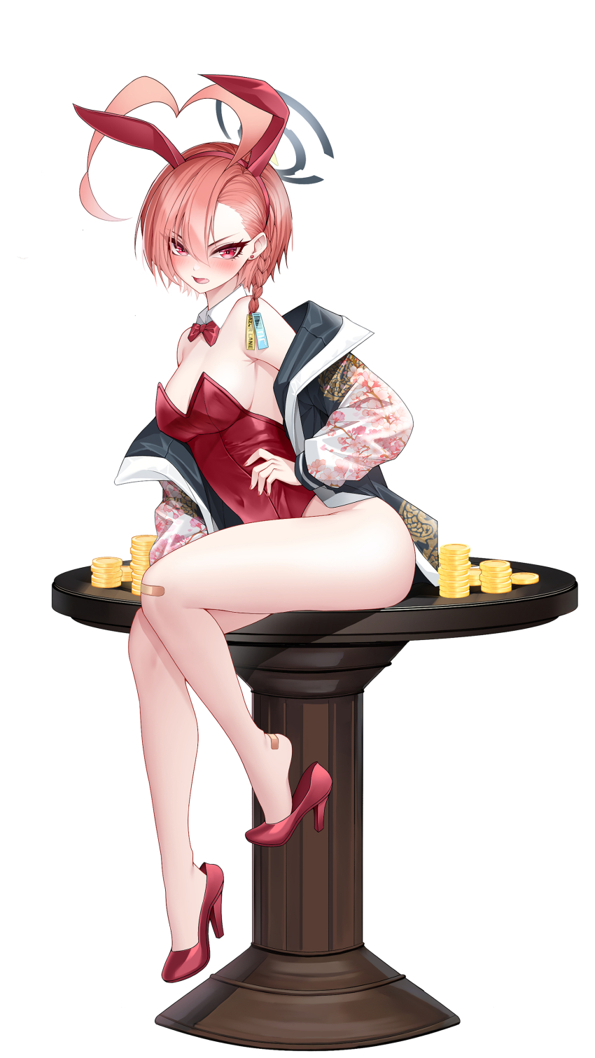1girl absurdres ahoge animal_ear_hairband animal_ears asymmetrical_hair bandaid bandaid_on_foot bandaid_on_knee bandaid_on_leg bare_legs black_halo blue_archive bow bowtie braid coin detached_collar fake_animal_ears full_body hairband halo high_heels highres huge_ahoge jacket leotard looking_at_viewer merueru mole mole_under_each_eye mole_under_eye multiple_moles neru_(blue_archive) neru_(bunny)_(blue_archive) official_alternate_costume orange_hair oversized_breast_cup playboy_bunny print_jacket rabbit_ears red_bow red_bowtie red_eyes red_footwear red_leotard shoe_dangle short_hair simple_background single_braid solo strapless strapless_leotard sukajan table thighs white_background