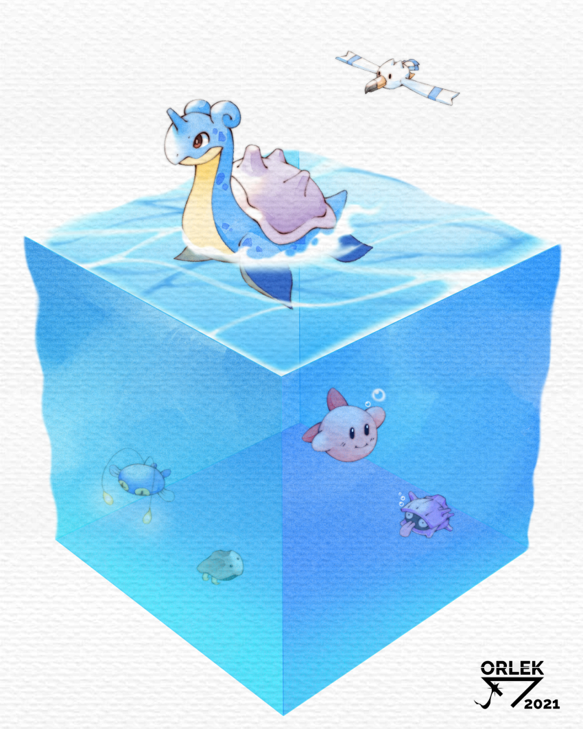 absurdres air_bubble artist_name bubble chinchou crossover cube dated gen_1_pokemon gen_2_pokemon gen_3_pokemon highres kabuto_(pokemon) kirby kirby_(series) lapras nintendo no_humans orlek pokemon pokemon_(creature) shellder simple_background water white_background wingull