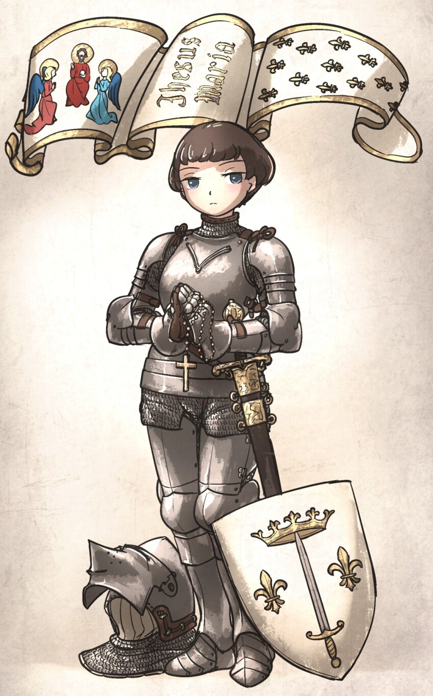 1girl armor aventail bascinet bead_necklace beads blue_eyes breastplate brown_hair chainmail closed_mouth commentary couter cross cross_necklace crown_(symbol) cuisses english_commentary fleur-de-lis full_body gauntlets greaves helmet highres hounskull ironlily jewelry layered_armor looking_to_the_side necklace original own_hands_together pauldrons plate_armor poleyn rerebrace sabaton saint scabbard sheath sheathed shield shoulder_armor simple_background solo standing sword unworn_headwear unworn_helmet unworn_jewelry unworn_necklace vambraces weapon white_background