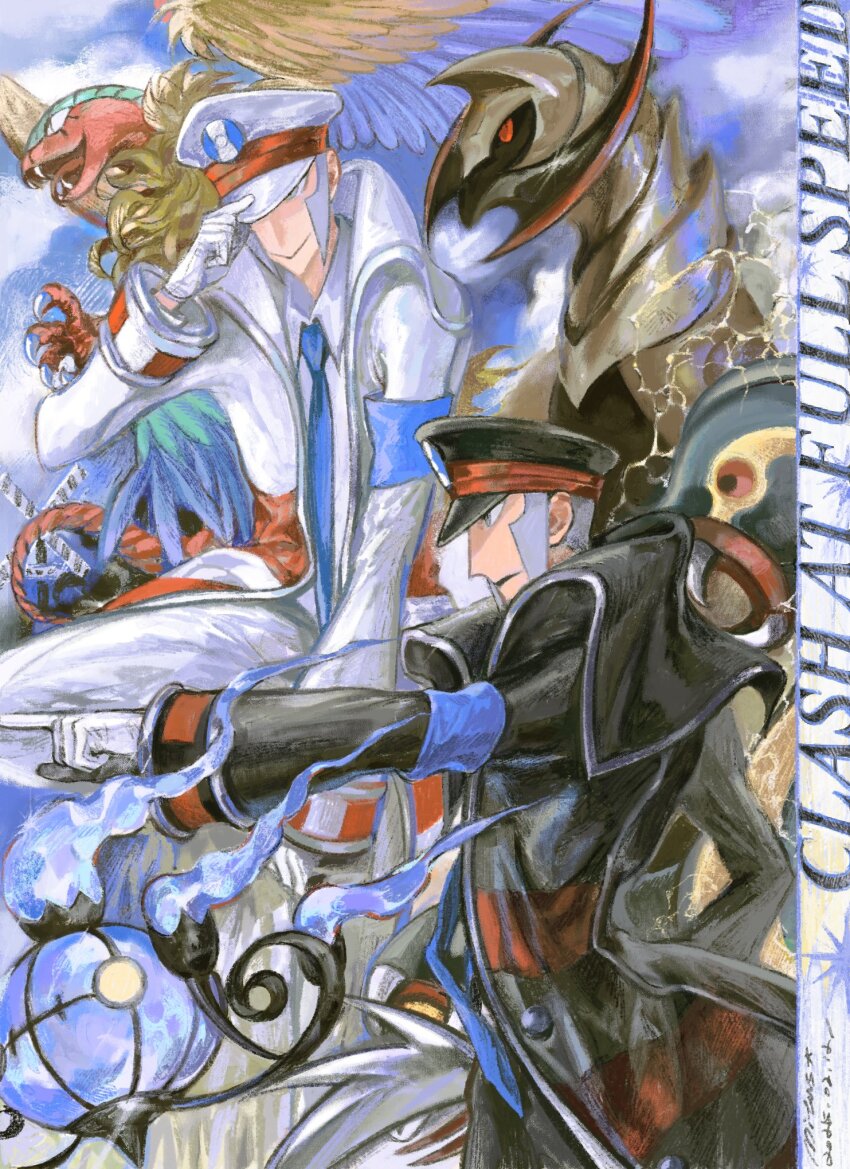 archeops armband armor axe black_coat black_hat black_pants blue_armband blue_necktie body_markings chandelier chandelure claws closed_mouth coat collared_shirt dinosaur dinosaur_tail dragon eelektross electricity emmet_(pokemon) excadrill fangs feathered_wings feathers fire frown gen_5_pokemon glass gloves grey_eyes grey_hair hand_on_headwear hand_on_own_hat hat haxorus highres ingo_(pokemon) mitus necktie nintendo open_mouth pants peaked_cap pointing pokemon pokemon_bw purple_fire red_eyes shirt short_hair sideburns slit_pupils smile tail talons tongue tongue_out white_coat white_gloves white_hat white_pants white_shirt wings yellow_eyes