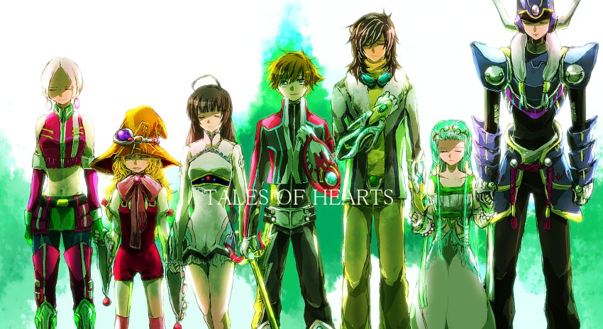 3boys 4girls beryl_benito blonde_hair blunt_bangs closed_eyes copyright_name cowboy_shot earrings green_hair hat hisui_hearts holding_hands hoop_earrings ines_lorenzen jewelry kohaku_hearts kor_meteor kunzite_(tales) long_hair midriff multiple_boys multiple_girls overall_shorts overalls lithia_spodumene short_hair standing tagme tales_of_(series) tales_of_hearts witch_hat