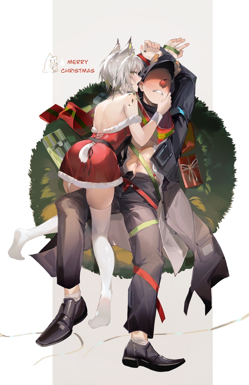 1boy 1girl :o absurdres animal_ears arknights arms_behind_head assertive_female backless_dress backless_outfit black_coat black_pants blush breasts cat_ears cat_girl cat_tail clenched_teeth coat doctor_(arknights) dress english_text full_body fur-trimmed_dress fur_trim garter_straps gift girl_on_top green_eyes green_hair hand_on_another&#039;s_cheek hand_on_another&#039;s_face hands_up hetero highres hood hooded_coat kal&#039;tsit_(arknights) leaning_forward leaning_on_person material_growth medium_breasts medium_hair merry_christmas navel open_clothes open_coat oripathy_lesion_(arknights) pants red_dress santa_costume santa_dress sitting small_breasts straddling strapless strapless_dress tabayashi tail teeth thigh_straddling thighhighs thighs whispering_in_ear wristband