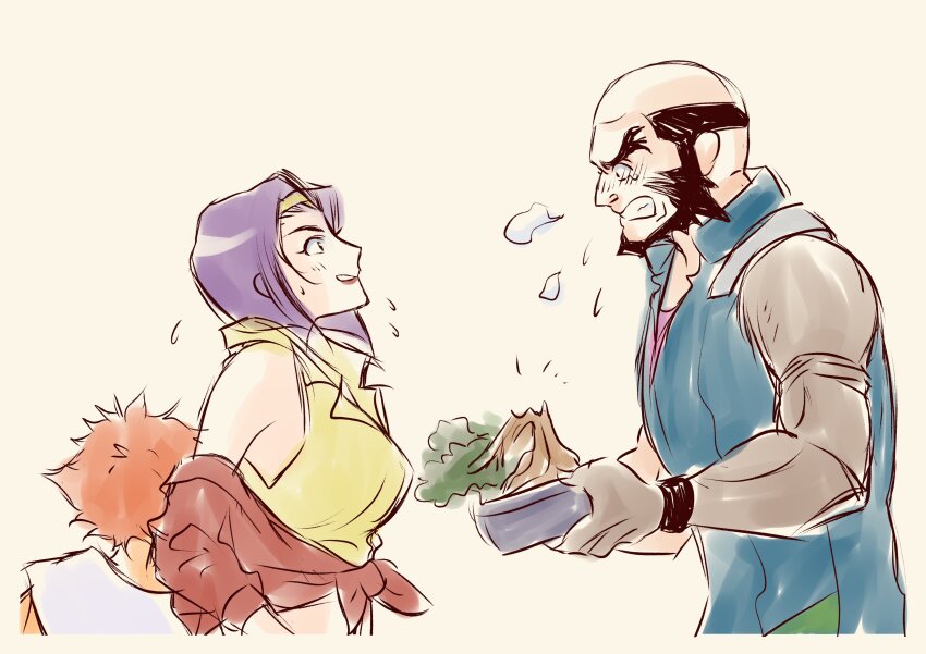 1boy 2girls absurdres angry beard bonsai child cowboy_bebop edward_wong_hau_pepelu_tivrusky_iv facial_hair faye_valentine hairband highres jet_black mechanical_arms multiple_girls nervous_smile orange_hair purple_hair simple_background single_mechanical_arm smile tagme tobalin yellow_hairband
