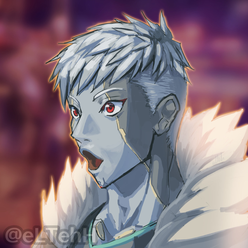 1boy blurry blurry_background colored_skin commentary english_commentary errantsquam fur_trim grey_hair grey_skin highres lanz_(xenoblade) male_focus meme multicolored_skin open_mouth pogchamp_(meme) portrait profile red_eyes solo tumblr_username undercut watermark xenoblade_chronicles_(series) xenoblade_chronicles_3