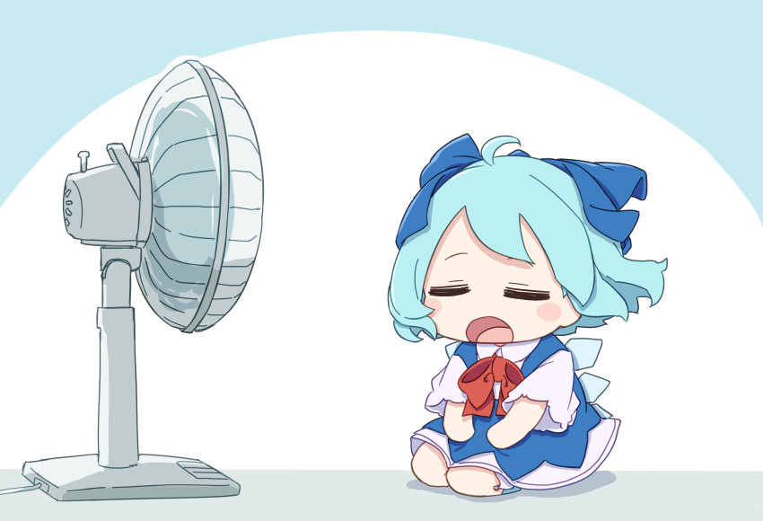1girl absurdres ahoge blue_bow blue_hair blue_shoes blush_stickers bow bowtie chibi chibi_only cirno closed_eyes collared_shirt commentary electric_fan full_body fumo_(doll) hair_bow highres ice ice_wings kame_(kamepan44231) open_mouth red_bow red_bowtie seiza shirt shoes short_hair short_sleeves sitting solo touhou white_background white_shirt wings