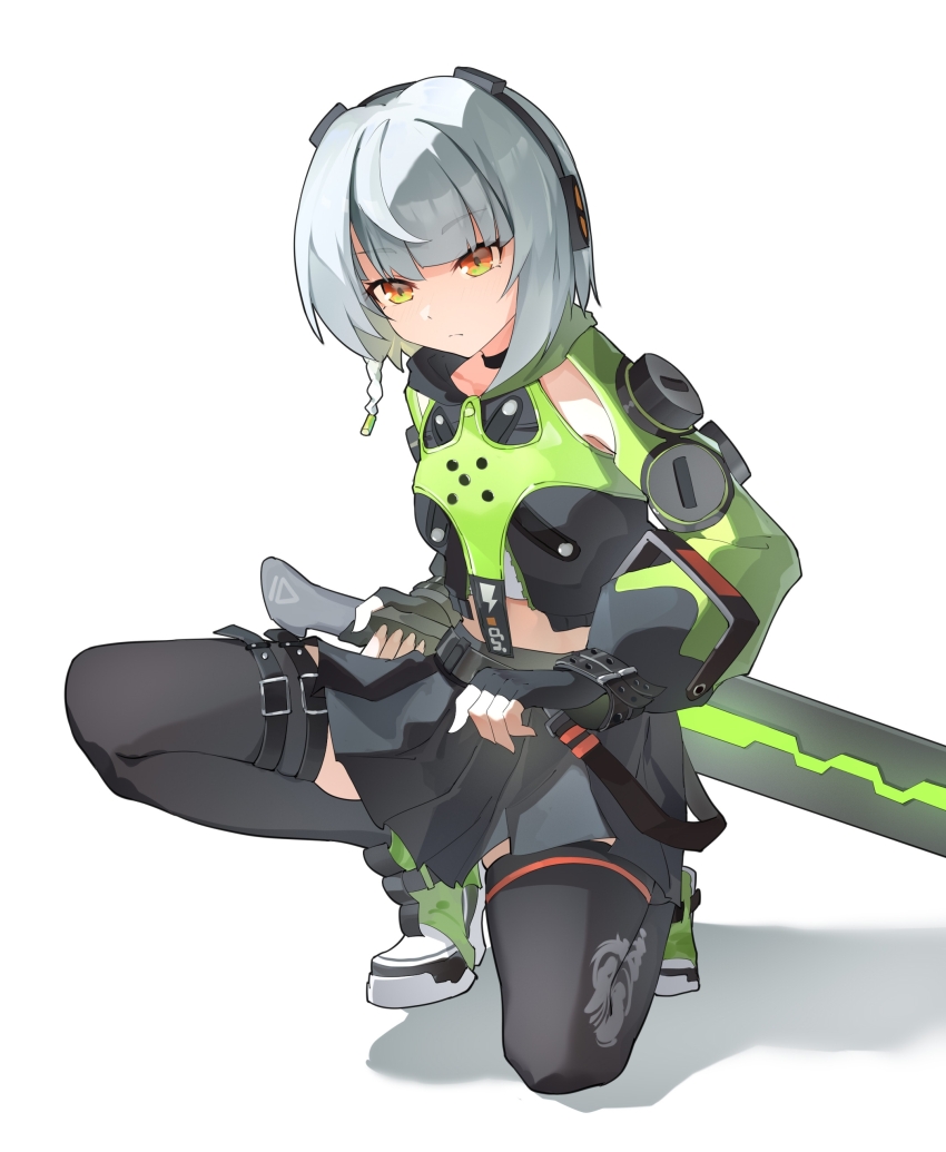 1girl a_maple absurdres anby_demara belted_skirt black_skirt black_thighhighs braided_sidelocks fingerless_gloves gloves green_jacket green_sleeves grey_hair headphones highres holding holding_sword holding_weapon jacket on_one_knee orange_eyes pleated_skirt short_hair skirt sword thighhighs weapon white_hair zenless_zone_zero