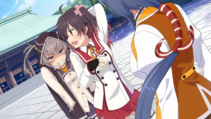 3girls :d ahoge arm_behind_head asakura_mihono black_gloves blue_hair breasts brown_hair brown_jacket clenched_teeth collared_shirt day dutch_angle fang fingerless_gloves game_cg gloves gradient_hair grey_hair grey_jacket hair_through_hood hands_in_pockets hood hood_up hooded_jacket jacket long_hair long_sleeves looking_at_another medium_breasts medium_hair minoseki_gakuin_uniform multicolored_hair multiple_girls neck_ribbon necktie non-web_source open_mouth orange_jacket orange_necktie orange_ribbon osafune_girls_academy_school_uniform outdoors pleated_skirt purple_eyes purple_skirt red_hair red_sailor_collar red_skirt renpu_girls_school_uniform ribbon sailor_collar school_uniform setouchi_chie shaded_face shichinosato_kofuki shirt sidelocks skin_fang skirt small_breasts smile standing sweat teeth toji_no_miko toji_no_miko:_kizamishi_issen_no_tomoshibi two_side_up white_shirt winter_uniform