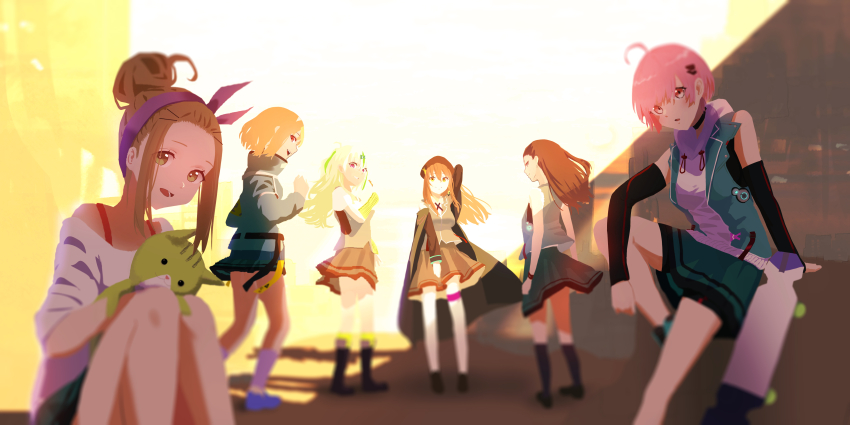 6+girls absurdres ahoge bangs_pinned_back beret blonde_hair bow_hairband breasts brown_hair green_eyes green_hair hair_bun hair_ornament hairband hat heaven_burns_red highres large_breasts long_hair multicolored_hair multiple_girls ooshima_ichiko ooshima_isuzu ooshima_minori ooshima_muua ooshima_niina ooshima_yotsuha pleated_skirt red_eyes red_hair sextuplets short_hair siblings sisters skateboard skirt stuffed_toy team_31e_(heaven_burns_red) two_side_up utsusemi_(parutyi) yellow_eyes