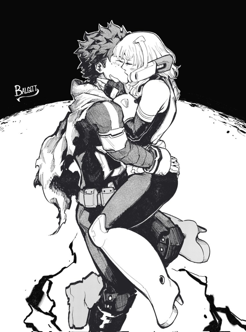 1boy 1girl artist_name bodysuit boku_no_hero_academia boots couple hetero high_heels highres kiss knee_boots midoriya_izuku monochrome scarf screentones simple_background time_skip uraraka_ochako victorbalgitt