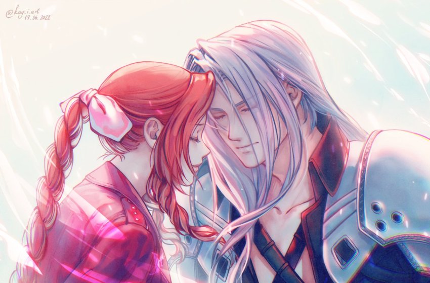 1boy 1girl aerith_gainsborough armor black_jacket braid brown_hair closed_eyes dated final_fantasy final_fantasy_vii final_fantasy_vii_remake forehead-to-forehead heads_together jacket kay-i long_hair pink_ribbon red_jacket ribbon sephiroth square_enix twitter_username