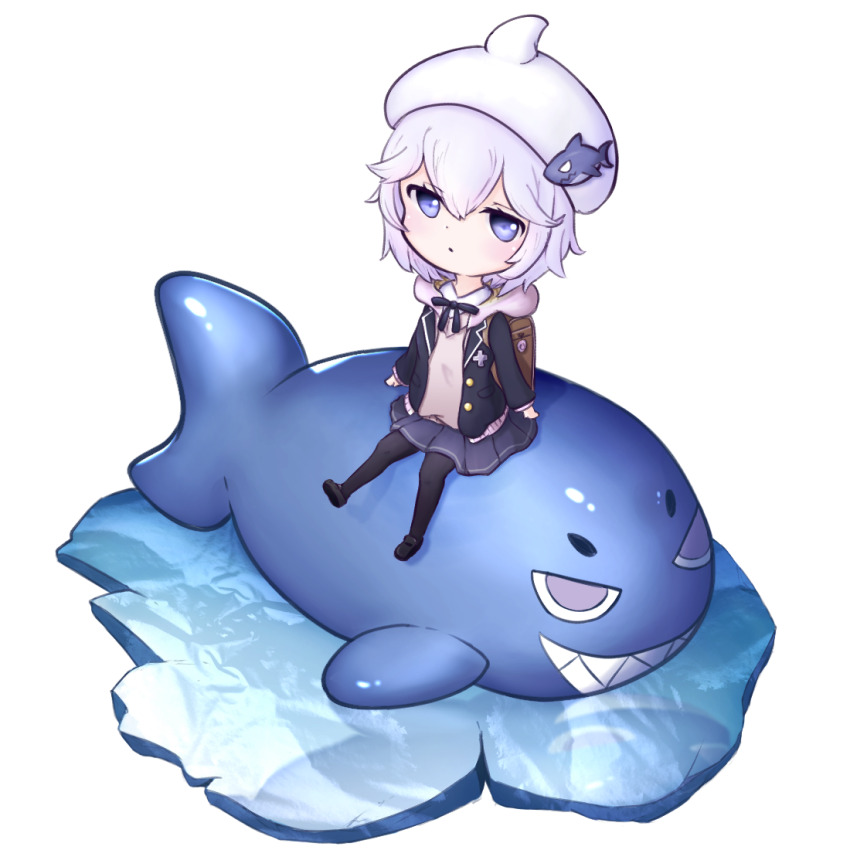 1girl azur_lane backpack bag beret black_bow black_jacket black_pantyhose black_shoes black_skirt blazer blue_eyes bow brown_sweater chibi closed_mouth collared_shirt commentary_request crime_prevention_buzzer grey_hair hair_between_eyes hat hood hood_down ice jacket loafers looking_at_viewer open_clothes open_jacket pantyhose pleated_skirt sharp_teeth shirt shoes simple_background sitting skirt solo sweater taka-8g teeth u-110_(azur_lane) u-110_(kleiner_hai)_(azur_lane) white_background white_hat white_shirt