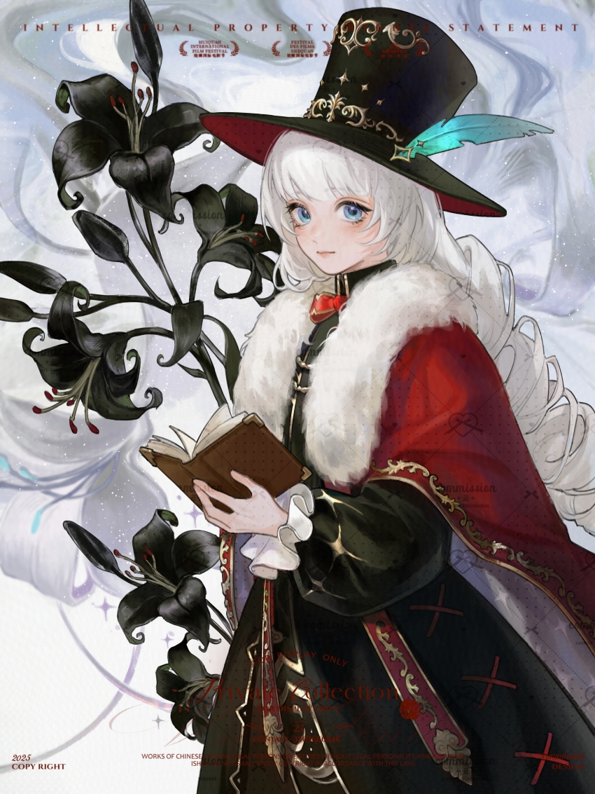 1girl absurdres artist_request black_dress black_flower black_hat blue_eyes book bow bowtie cape charlie_(reverse:1999) commission dress drill_hair flower fur-trimmed_cape fur_trim hat highres holding holding_book long_hair long_sleeves open_book puffy_long_sleeves puffy_sleeves red_bow red_bowtie red_cape reverse:1999 second-party_source smile solo top_hat traditional_bowtie twin_drills upper_body white_background white_hair