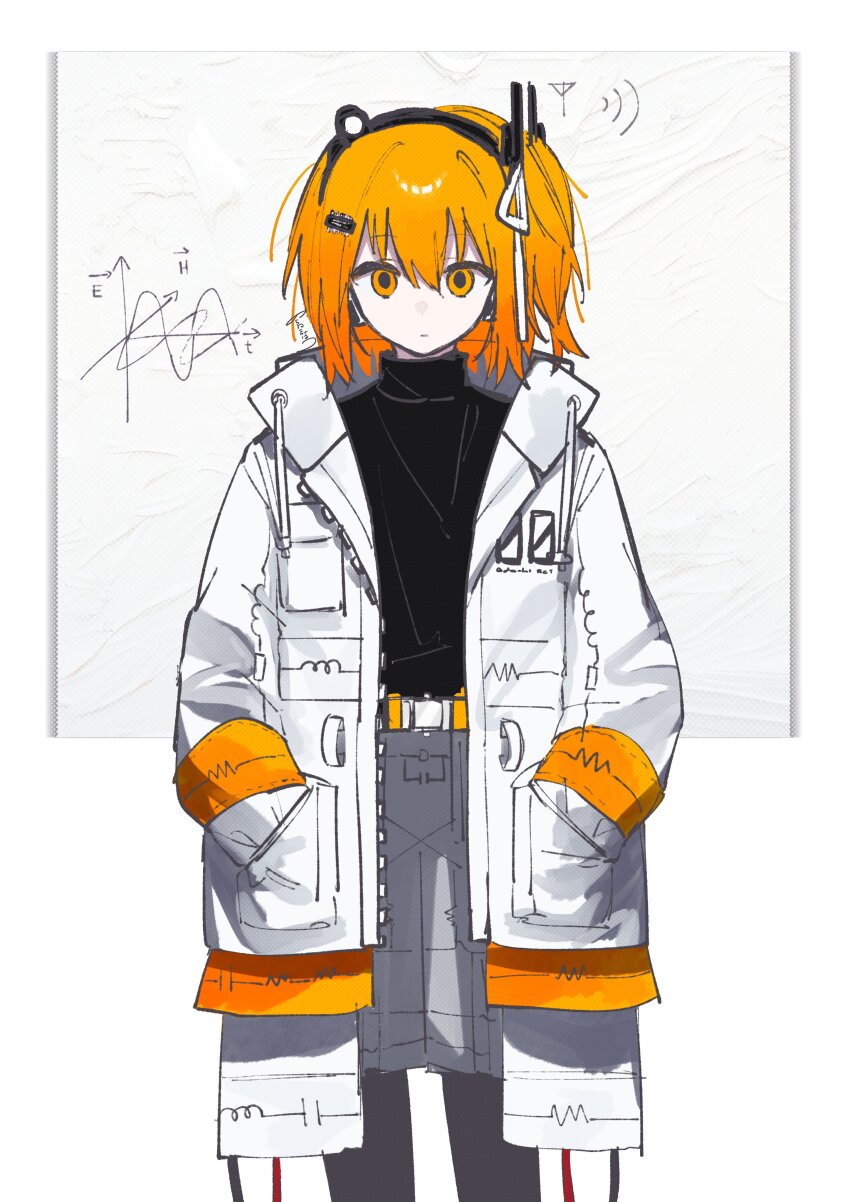 1girl a.i._voice absurdres adachi_rei belt black_pantyhose black_shirt canvas_(object) closed_mouth commentary_request expressionless feet_out_of_frame graph grey_shorts hands_in_pockets headlamp highres hood hood_down hooded_jacket jacket long_sleeves looking_at_viewer noranekogahara one_side_up open_clothes open_jacket orange_belt orange_eyes orange_hair pantyhose pantyhose_under_shorts radio_antenna shirt shirt_tucked_in short_hair shorts simple_background solo standing straight-on turtleneck turtleneck_shirt utau white_background white_jacket wireless