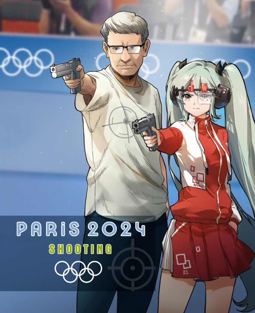 1boy 1girl 2024_summer_olympics aiming aqua_hair blurry blurry_background bow character_name crosshair ear_protection english_text glasses grey_eyes grey_hair grey_shirt gun hair_bow hand_in_pocket handgun hatsune_miku highres holding holding_gun holding_weapon jacket jokanhiyou long_hair olympic_rings olympic_shooting_glasses olympics outstretched_arm pants photo_background pleated_skirt red_jacket red_skirt serious shirt short_hair skirt skirt_pocket t-shirt twintails very_long_hair vocaloid weapon white_jacket white_skirt yusuf_dikec yusuf_dikec_(meme) zipper