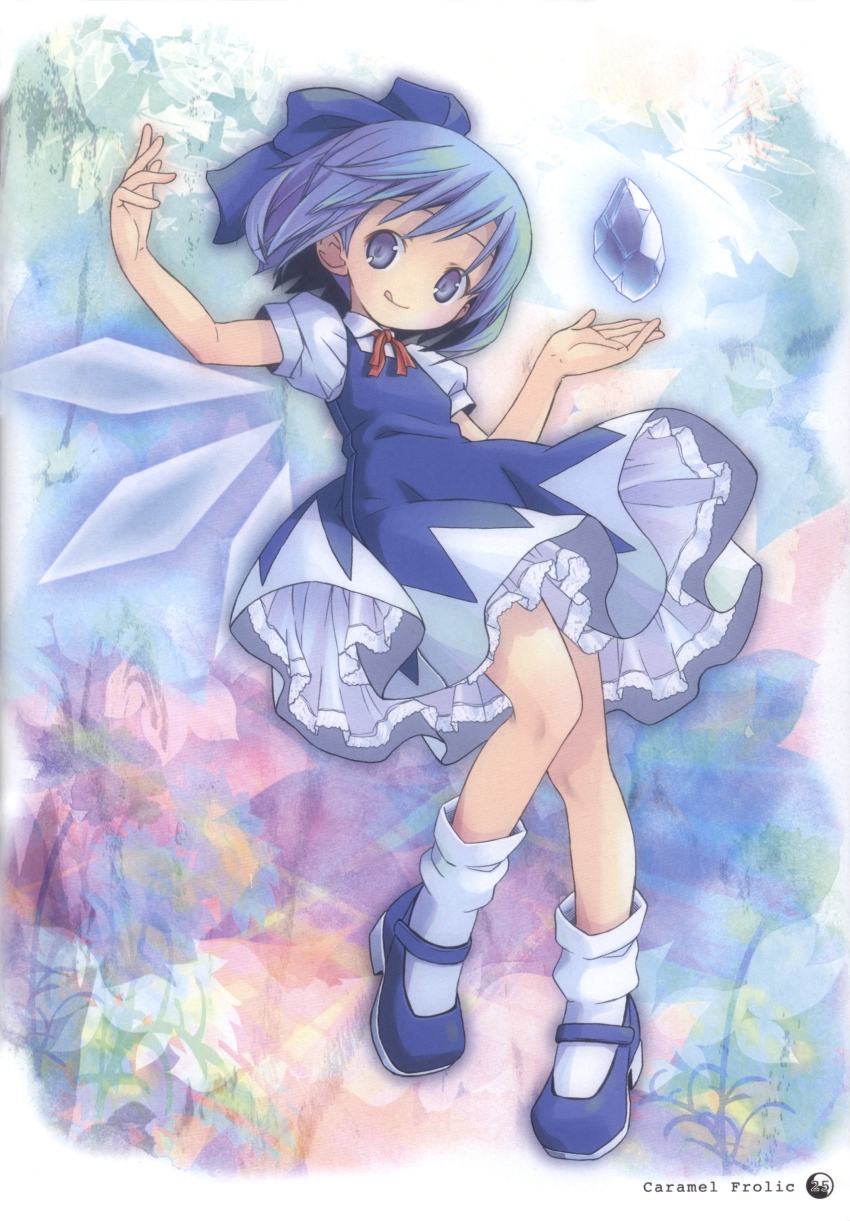1girl :q absurdres blue_dress blue_eyes blue_hair bow cirno dress fairy female_focus full_body hair_ornament hair_ribbon highres ice ice_wings looking_at_viewer mary_janes matching_hair/eyes pop puffy_sleeves ribbon scan shoes short_sleeves smile socks solo tongue tongue_out touhou white_socks wings