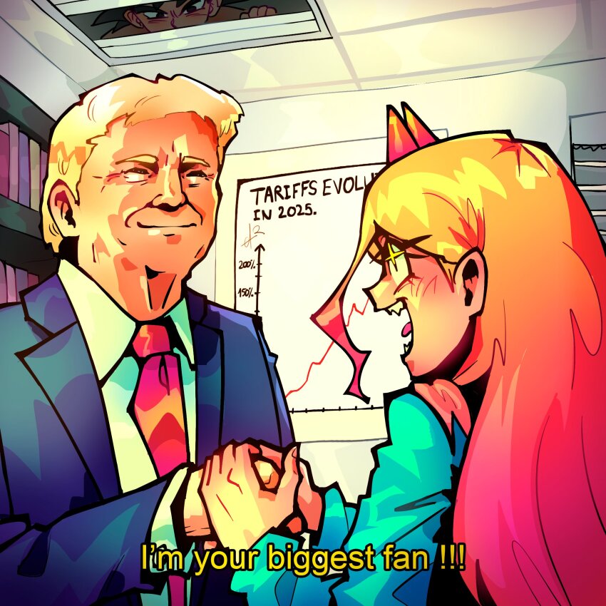 1girl 2boys absurdres alpharecdyt blonde_hair blue_jacket bookshelf ceiling chainsaw_man collared_shirt commentary donald_trump dragon_ball dragonball_z english_commentary english_text gradient_hair graph highres horns indoors jacket long_hair multicolored_hair multiple_boys peeking pink_hair power_(chainsaw_man) red_horns shirt short_hair son_goku suit_jacket white_shirt