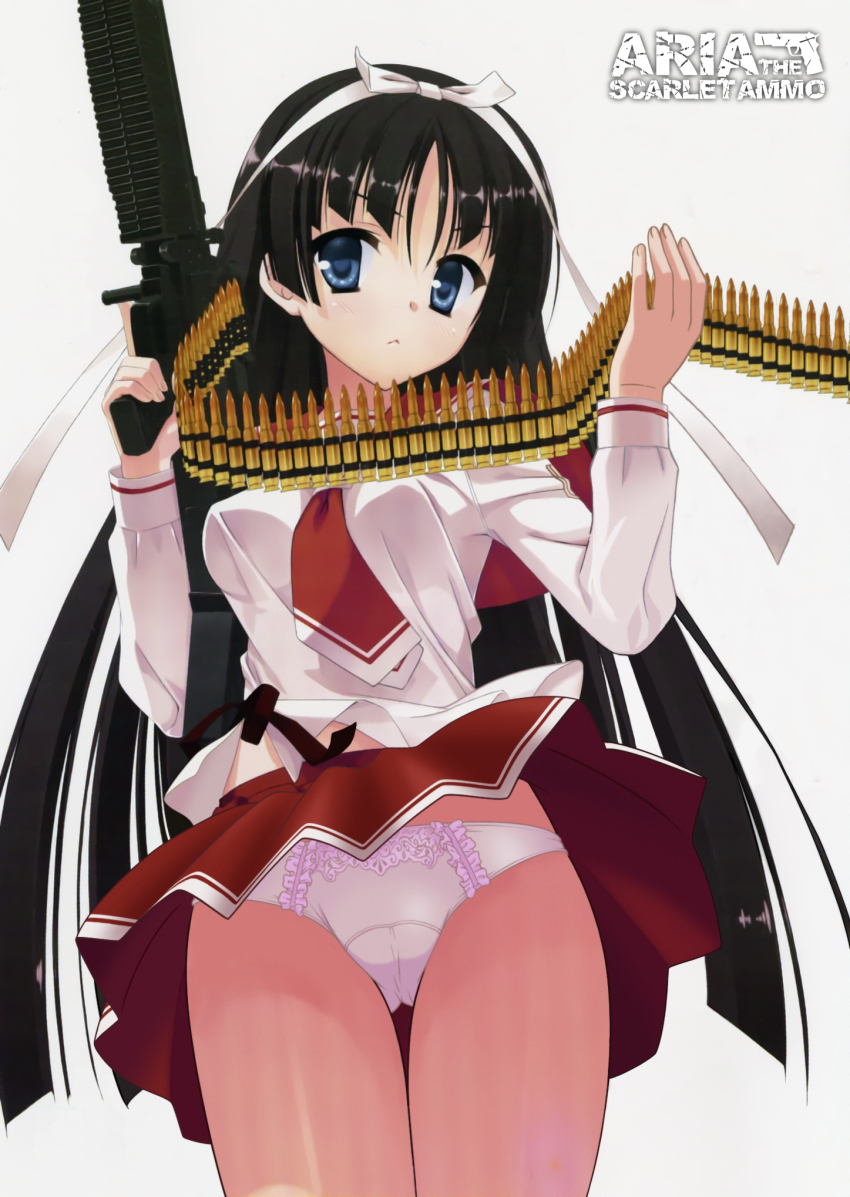 1girl :&lt; ammunition_belt between_breasts black_hair blue_eyes bow breasts cameltoe clothes_lift detexted female_focus gun hair_bow hidan_no_aria highres hotogi_shirayuki kobuichi long_hair long_sleeves looking_at_viewer m60_(machine_gun) machine_gun necktie panties pantyshot pleated_skirt school_uniform serafuku skirt skirt_lift solo thigh_gap third-party_edit trigger_discipline underwear upskirt very_long_hair weapon white_panties