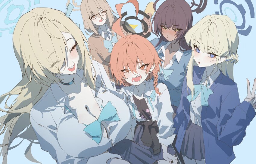 ahoge akane_(blue_archive) akane_(school_uniform)_(blue_archive) asuna_(blue_archive) asuna_(school_uniform)_(blue_archive) blonde_hair blue_archive blue_ribbon breasts cleaning_&amp;_clearing_(blue_archive) cleavage commentary dark_skin halo highres karin_(blue_archive) karin_(school_uniform)_(blue_archive) neru_(blue_archive) neru_(school_uniform)_(blue_archive) netural red_hair ribbon school_uniform toki_(blue_archive) toki_(school_uniform)_(blue_archive)