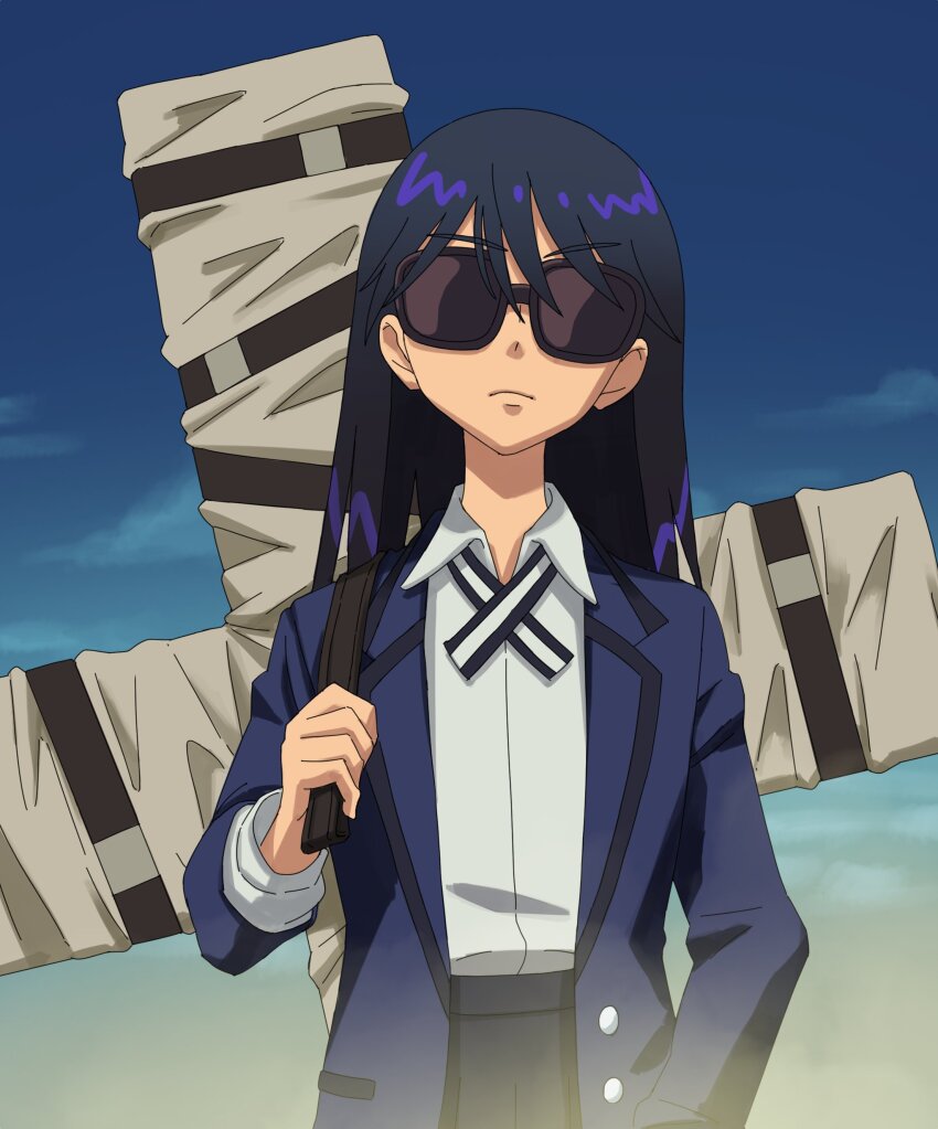 1girl absurdres black_hair blue_jacket blue_skirt blue_sky commentary cross_punisher crossover english_commentary gundam gundam_gquuuuuux highres jacket large_cross long_hair looking_at_viewer nyaan_(gundam_gquuuuuux) punisher_(trigun) skirt sky solo sunglasses trigun zen_(jirakun)