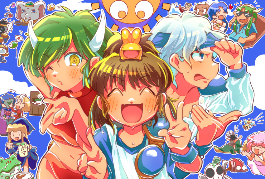arle_nadja blonde_hair blue_eyes blue_hair blue_sky carbuncle_(puyopuyo) draco_centauros green_hair harpy_(puyopuyo) highres horns kikimora_(puyopuyo) mika_pu pink_hair puyo_(puyopuyo) puyopuyo rulue_(puyopuyo) satan_(puyopuyo) schezo_wegey sky sweat tagme white_hair witch_(puyopuyo) yellow_eyes zoh_daimaoh