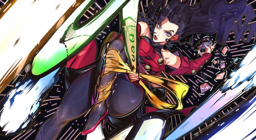 1girl black_background bodystocking capcom capcom_fighting_jam card detached_sleeves dress dutch_angle gold_buttons hair_blowing high_heels highres lips long_dress motion_lines purple_eyes purple_hair red_dress rose_(street_fighter) scarf shawl shawl_wrapped_around_leg speed_lines street_fighter street_fighter_iv_(series) street_fighter_v street_fighter_zero_(series) tarot tarot_card thighhighs yellow_shawl