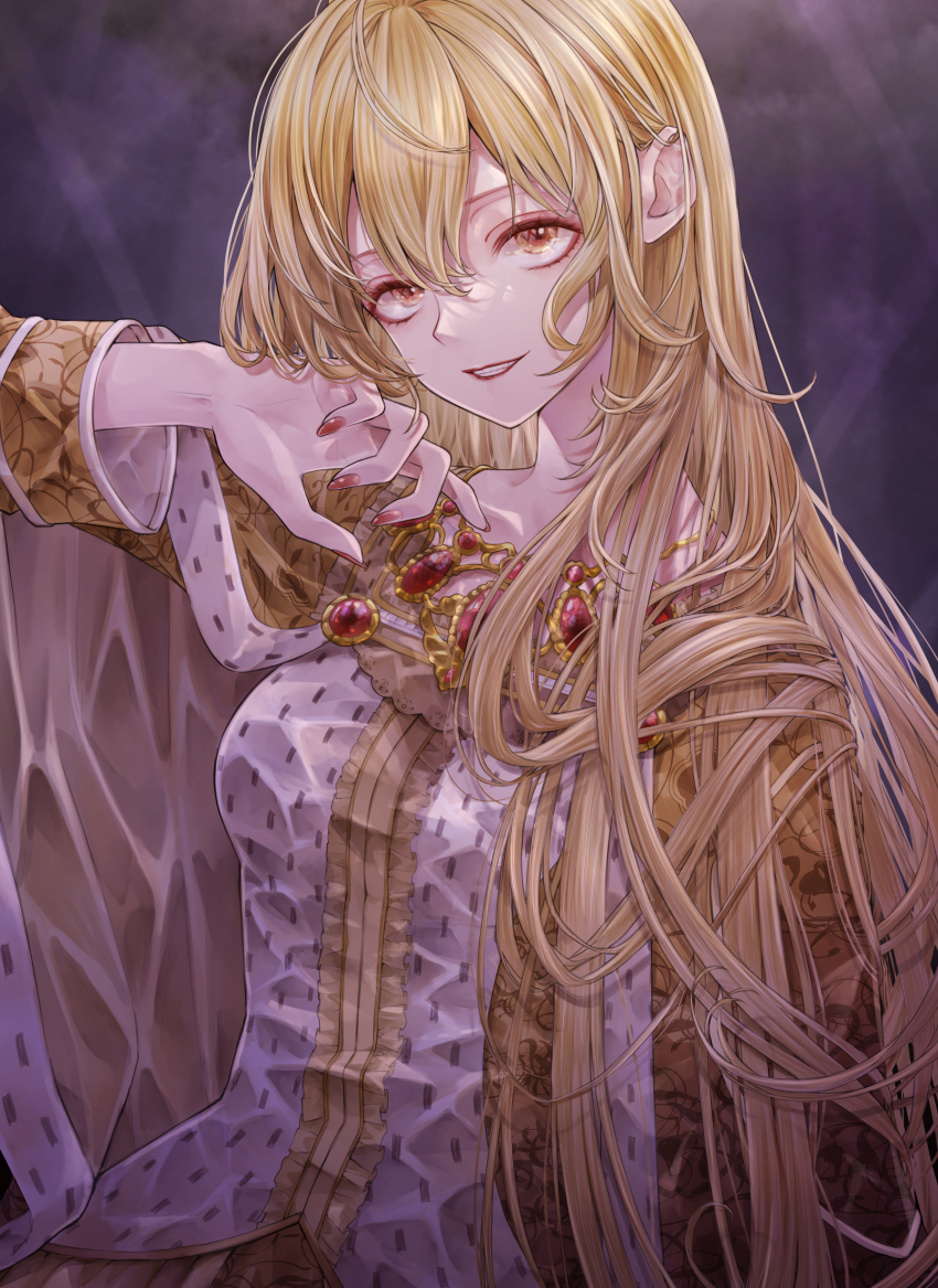 1girl absurdres ahoge arm_up blonde_hair breasts cape cloud cloudy_sky commission dress gem grin highres isabeau_de_baviere_(madoka_magica) jewelry large_breasts lipstick long_hair long_sleeves magia_record:_mahou_shoujo_madoka_magica_gaiden mahou_shoujo_madoka_magica mahou_shoujo_tart_magica makeup nail_polish necklace parted_lips queen rain red_lips red_nails ringed_eyes riri_(ririwaldorf) royal_robe skeb_commission sky smile solo tall_female teeth wet wet_clothes wet_dress wet_hair yellow_dress yellow_eyes
